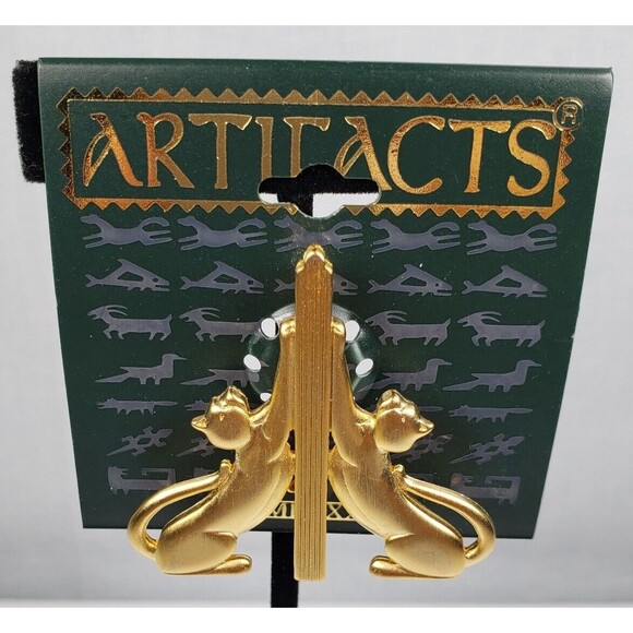 Vintage 1986 JJ Jonette Gold Tone Cat BookEnds Artifacts Brooch - Picture 2 of 7